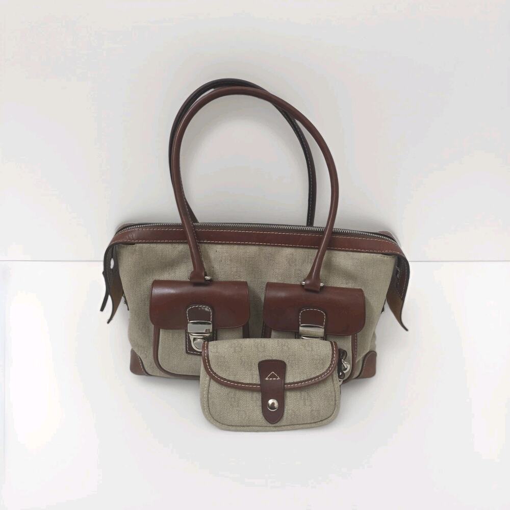Dooney & Bourke Double Pocket Bag Tan Signature Purse + Matching Wristlet Clean